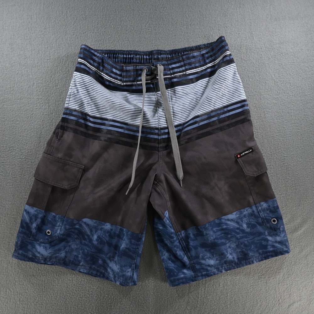 Airwalk Mens Cargo Board Shorts Medium Blue Gray Striped Marble Swim Trunks